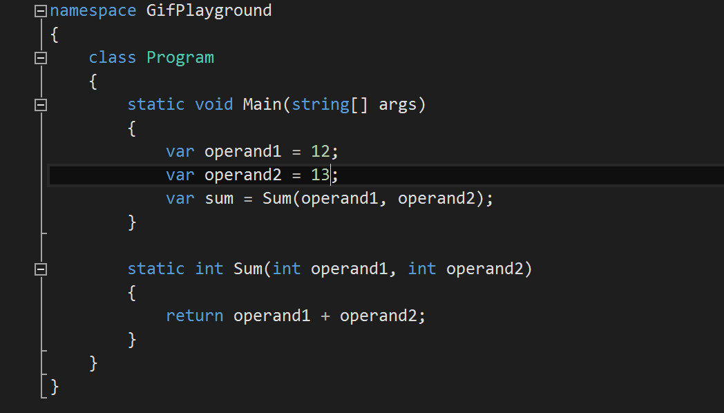 Toggle outlining expansion for a method, class, and namespace gif